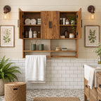 Farmhouse Four Door Bathroom Wall Cabinet, Solid Wood Over Toilet Cabinet with Open Shelf and Towel Bar