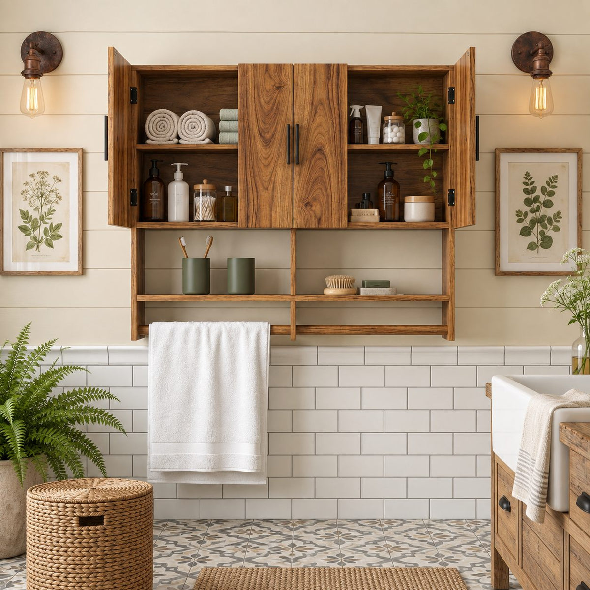 Farmhouse Four Door Bathroom Wall Cabinet, Solid Wood Over Toilet Cabinet with Open Shelf and Towel Bar