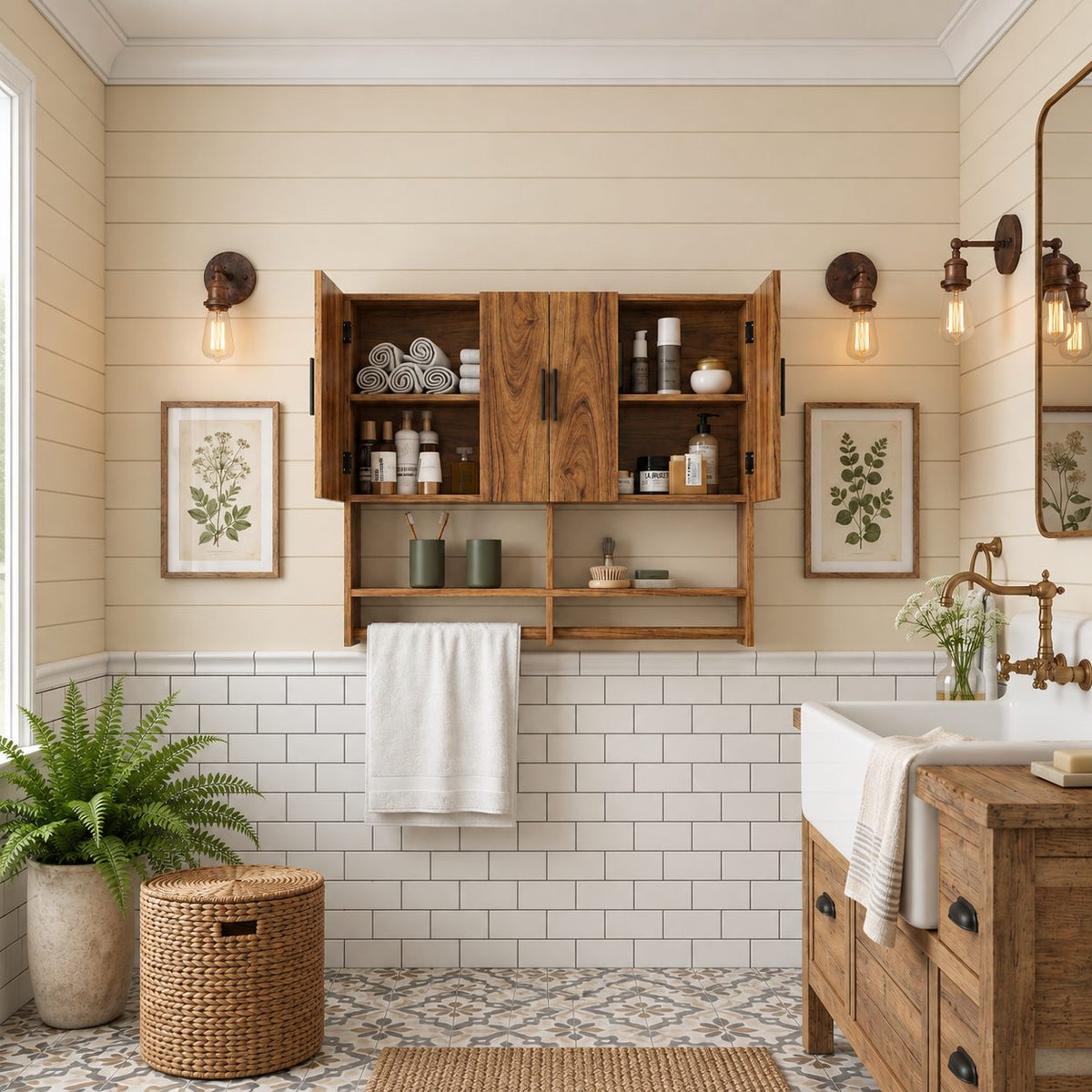 Farmhouse Four Door Bathroom Wall Cabinet, Solid Wood Over Toilet Cabinet with Open Shelf and Towel Bar