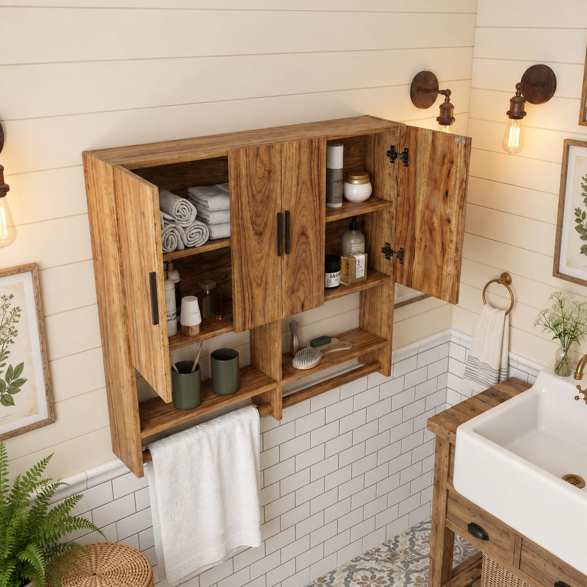 Farmhouse Four Door Bathroom Wall Cabinet, Solid Wood Over Toilet Cabinet with Open Shelf and Towel Bar