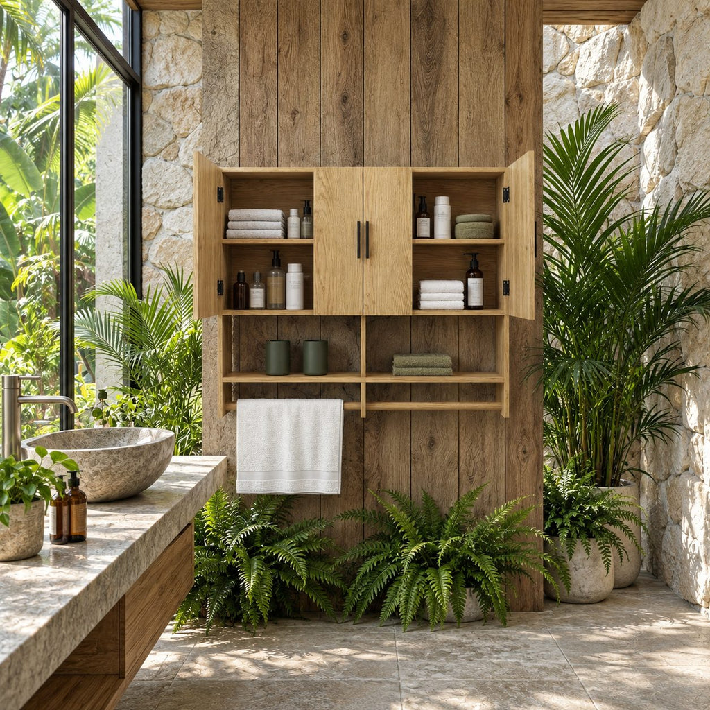 Farmhouse Four Door Bathroom Wall Cabinet, Solid Wood Over Toilet Cabinet with Open Shelf and Towel Bar
