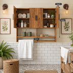 Farmhouse Four Door Bathroom Wall Cabinet, Solid Wood Over Toilet Cabinet with Open Shelf and Towel Bar