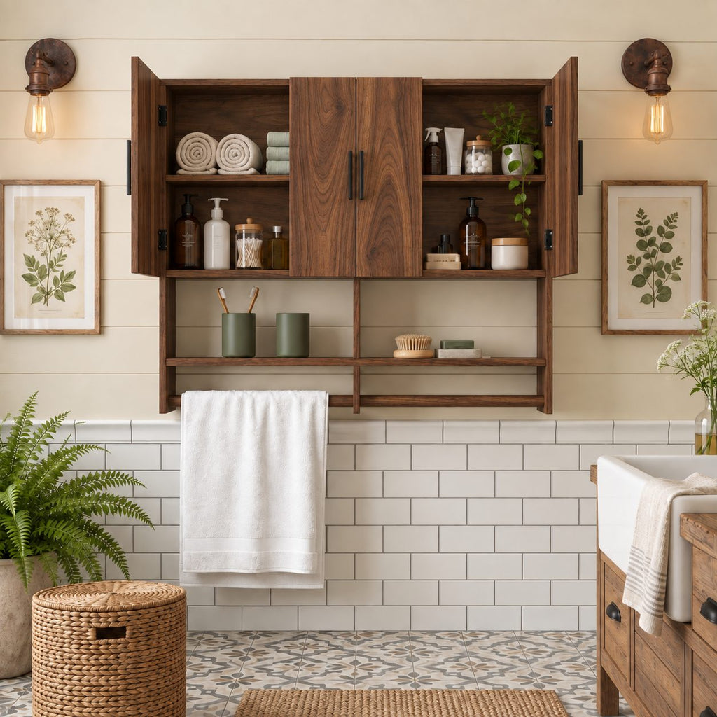 Farmhouse Four Door Bathroom Wall Cabinet, Solid Wood Over Toilet Cabinet with Open Shelf and Towel Bar
