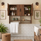 Farmhouse Four Door Bathroom Wall Cabinet, Solid Wood Over Toilet Cabinet with Open Shelf and Towel Bar