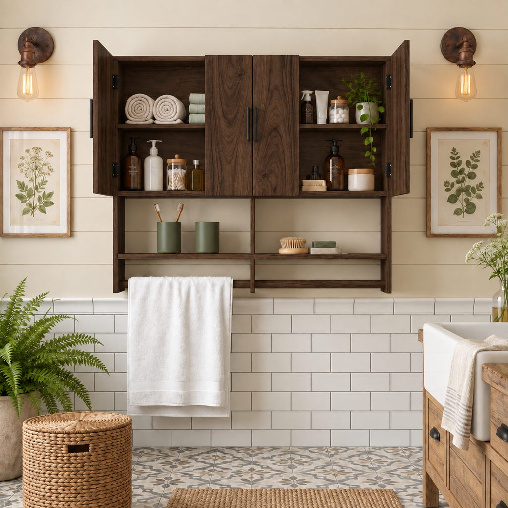 Farmhouse Four Door Bathroom Wall Cabinet, Solid Wood Over Toilet Cabinet with Open Shelf and Towel Bar