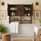 Farmhouse Four Door Bathroom Wall Cabinet, Solid Wood Over Toilet Cabinet with Open Shelf and Towel Bar