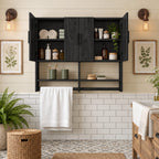 Farmhouse Four Door Bathroom Wall Cabinet, Solid Wood Over Toilet Cabinet with Open Shelf and Towel Bar