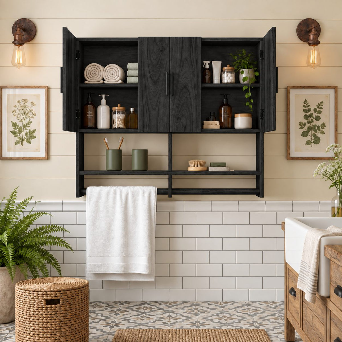 Farmhouse Four Door Bathroom Wall Cabinet, Solid Wood Over Toilet Cabinet with Open Shelf and Towel Bar