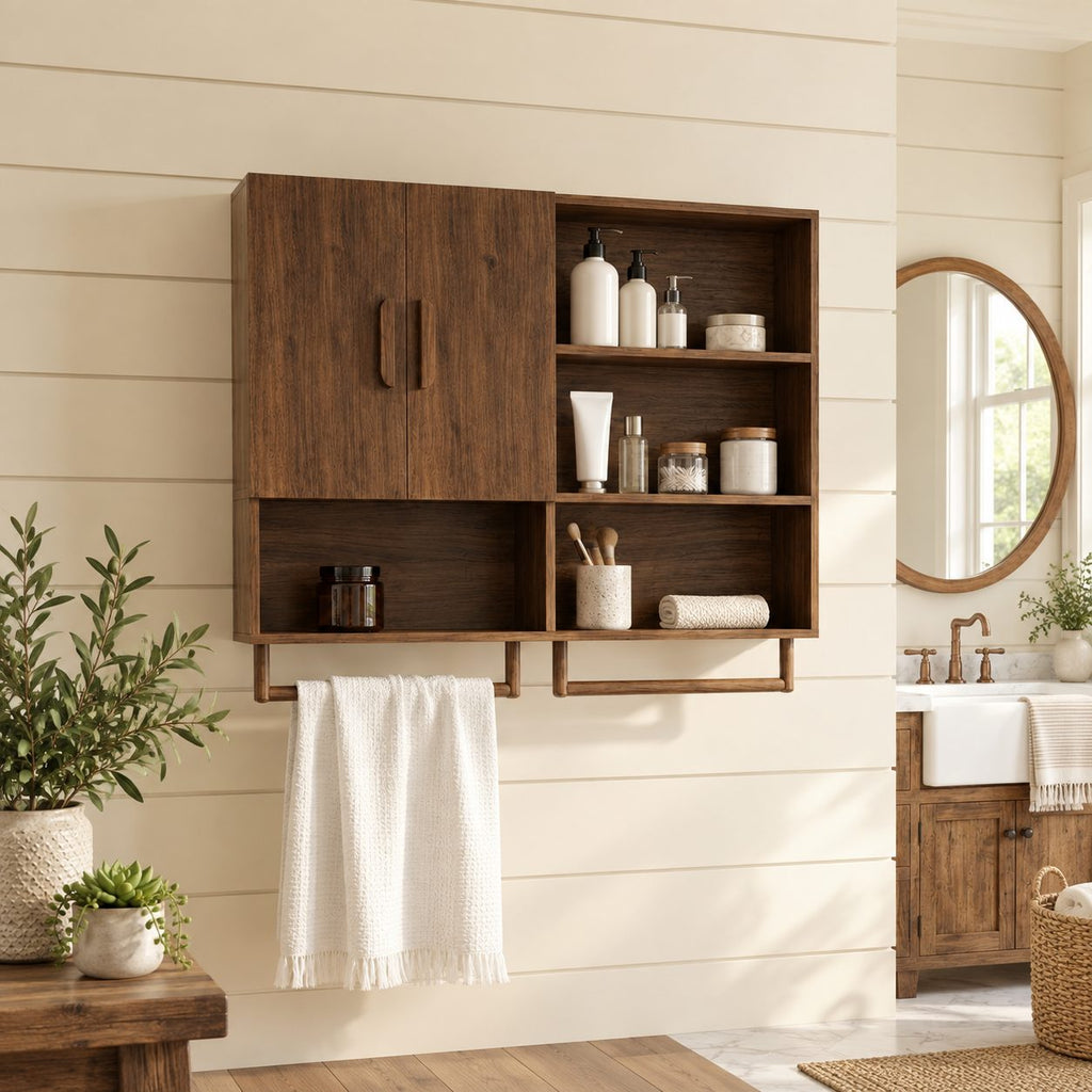 Farmhouse Organizer Bathroom Wall Cabinet, Solid Wood with 2 Doors, Open Cubbies and Towel Bars