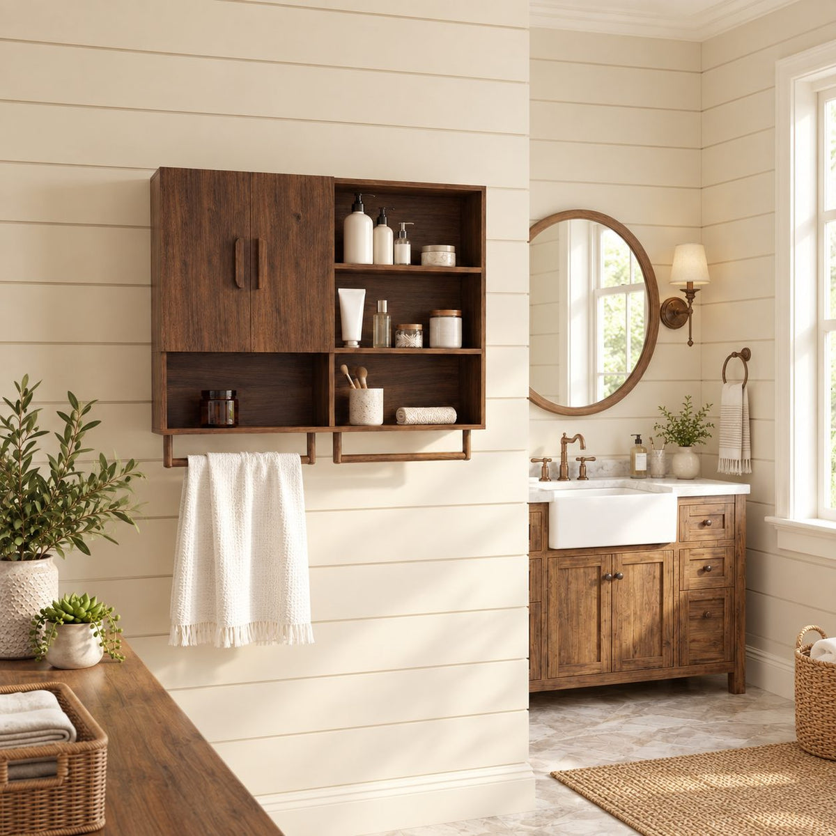 Farmhouse Organizer Bathroom Wall Cabinet, Solid Wood with 2 Doors, Open Cubbies and Towel Bars