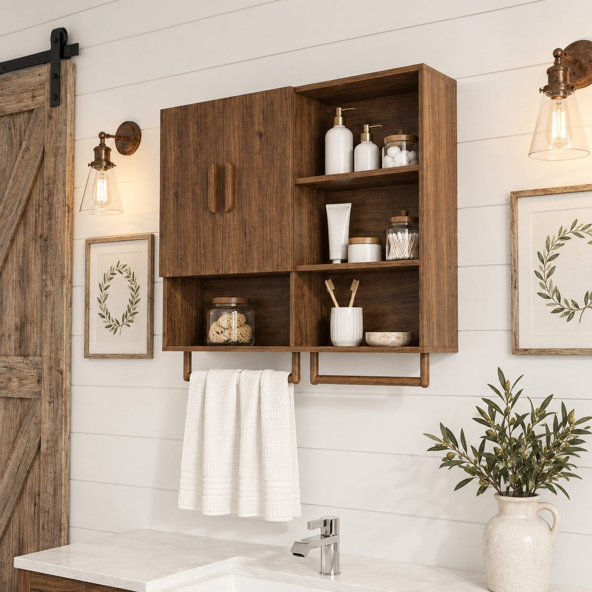 Farmhouse Organizer Bathroom Wall Cabinet, Solid Wood with 2 Doors, Open Cubbies and Towel Bars