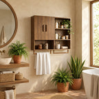 Farmhouse Organizer Bathroom Wall Cabinet, Solid Wood with 2 Doors, Open Cubbies and Towel Bars