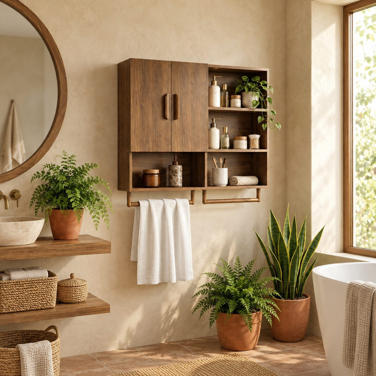 Farmhouse Organizer Bathroom Wall Cabinet, Solid Wood with 2 Doors, Open Cubbies and Towel Bars