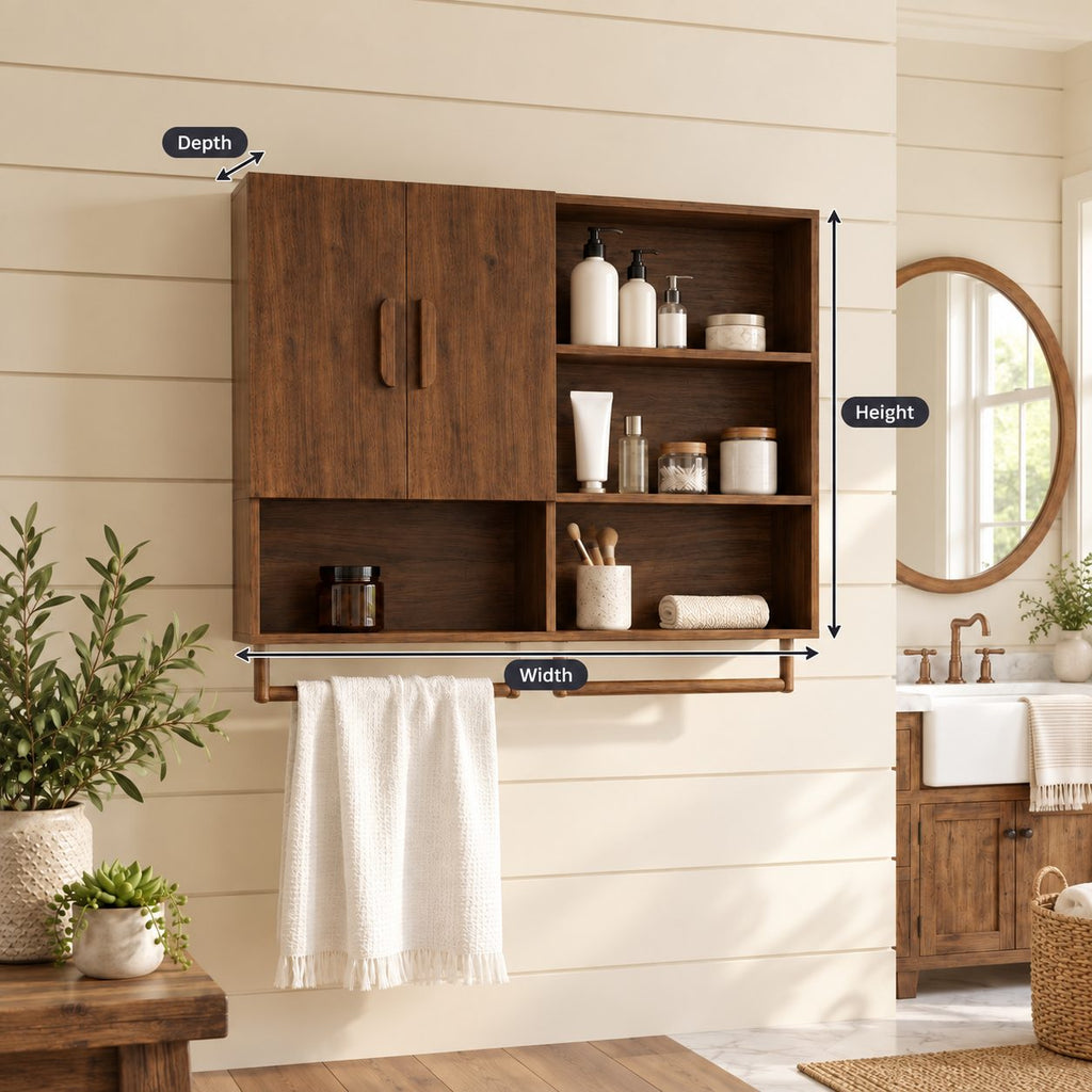 Farmhouse Organizer Bathroom Wall Cabinet, Solid Wood with 2 Doors, Open Cubbies and Towel Bars