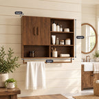 Farmhouse Organizer Bathroom Wall Cabinet, Solid Wood with 2 Doors, Open Cubbies and Towel Bars