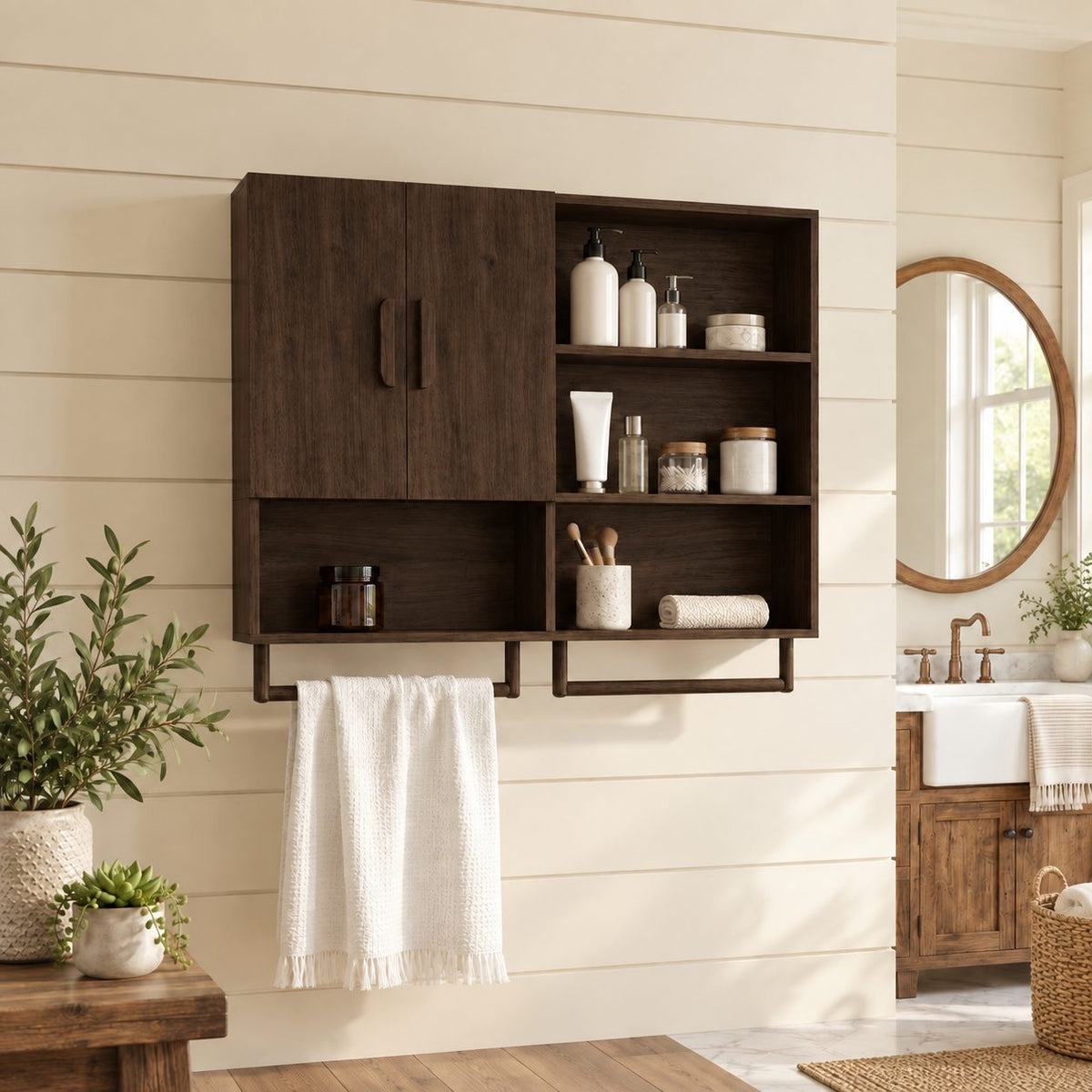 Farmhouse Organizer Bathroom Wall Cabinet, Solid Wood with 2 Doors, Open Cubbies and Towel Bars