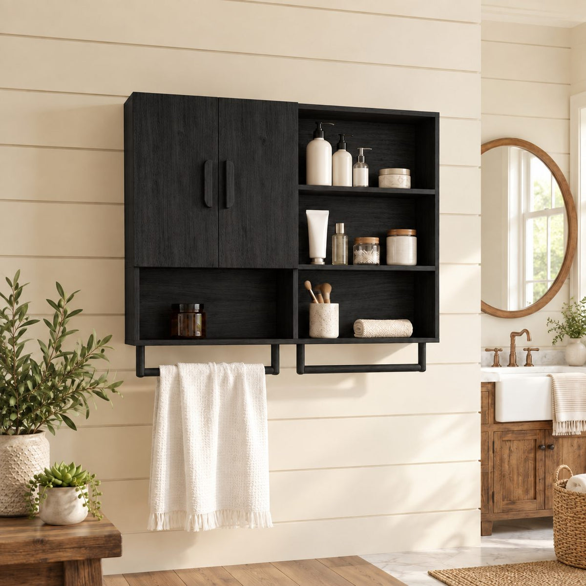 Farmhouse Organizer Bathroom Wall Cabinet, Solid Wood with 2 Doors, Open Cubbies and Towel Bars