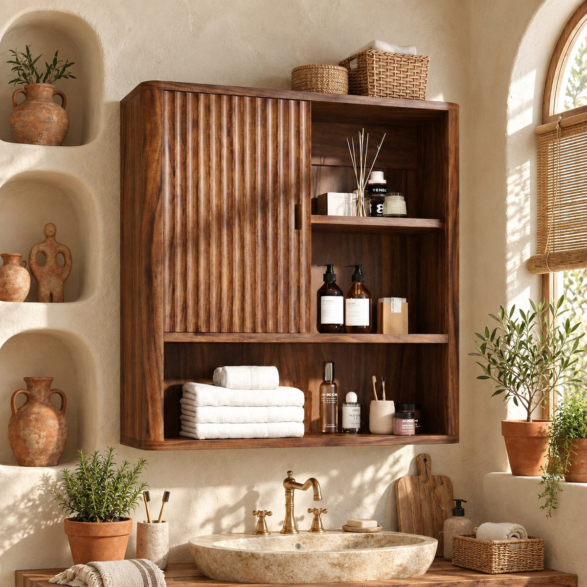 Fluted Door Bathroom Wall Cabinet, Solid Wood Wall Storage with Reeded Door and Open Shelves, 25-32 Inch