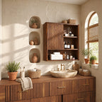 Fluted Door Bathroom Wall Cabinet, Solid Wood Wall Storage with Reeded Door and Open Shelves, 25-32 Inch