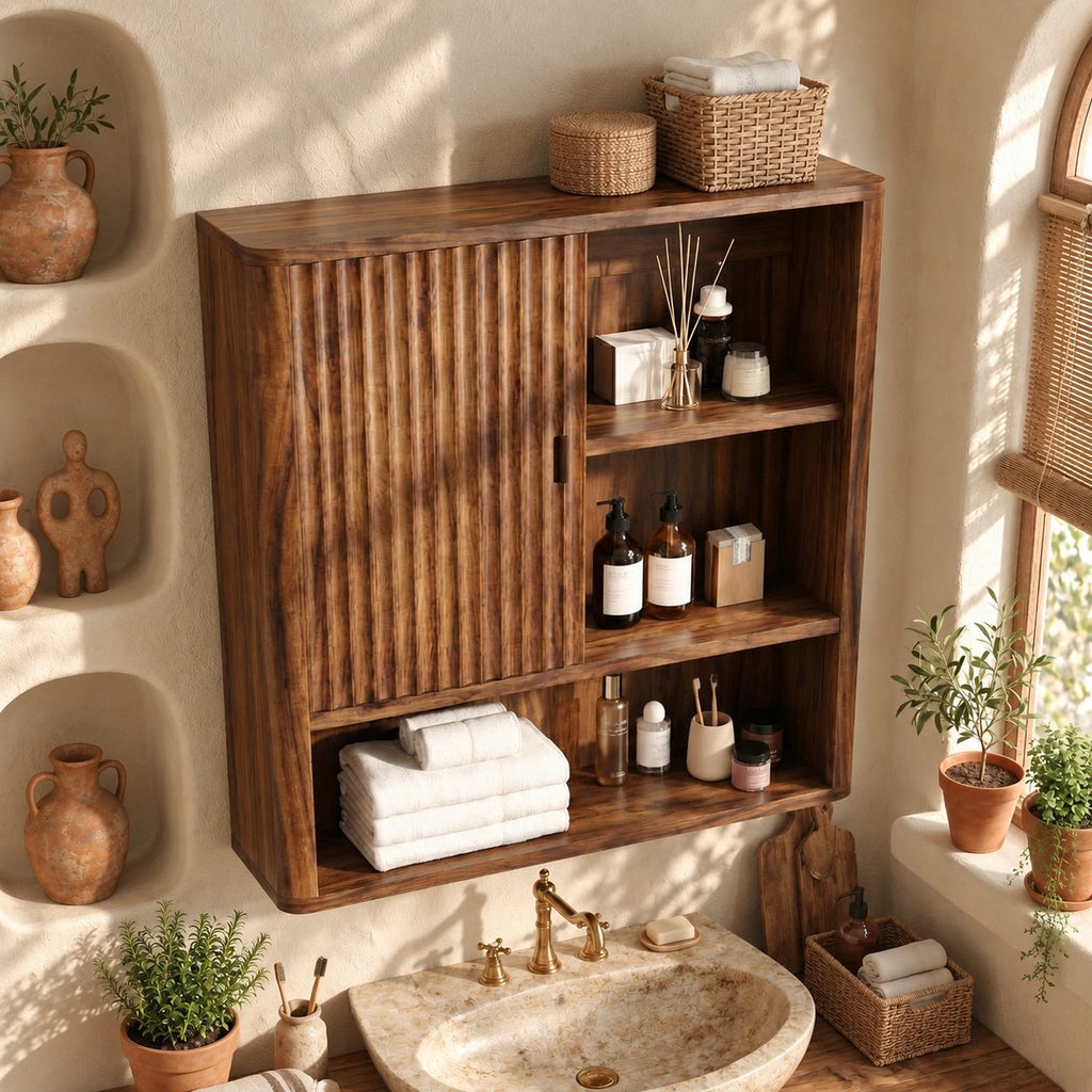 Fluted Door Bathroom Wall Cabinet, Solid Wood Wall Storage with Reeded Door and Open Shelves, 25-32 Inch