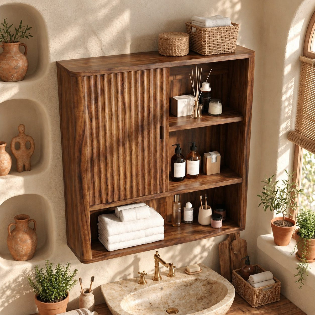 Fluted Door Bathroom Wall Cabinet, Solid Wood Wall Storage with Reeded Door and Open Shelves, 25-32 Inch