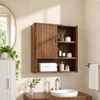 Fluted Door Bathroom Wall Cabinet, Solid Wood Wall Storage with Reeded Door and Open Shelves, 25-32 Inch