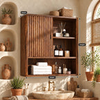 Fluted Door Bathroom Wall Cabinet, Solid Wood Wall Storage with Reeded Door and Open Shelves, 25-32 Inch