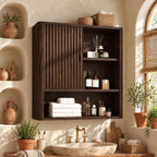 Fluted Door Bathroom Wall Cabinet, Solid Wood Wall Storage with Reeded Door and Open Shelves, 25-32 Inch