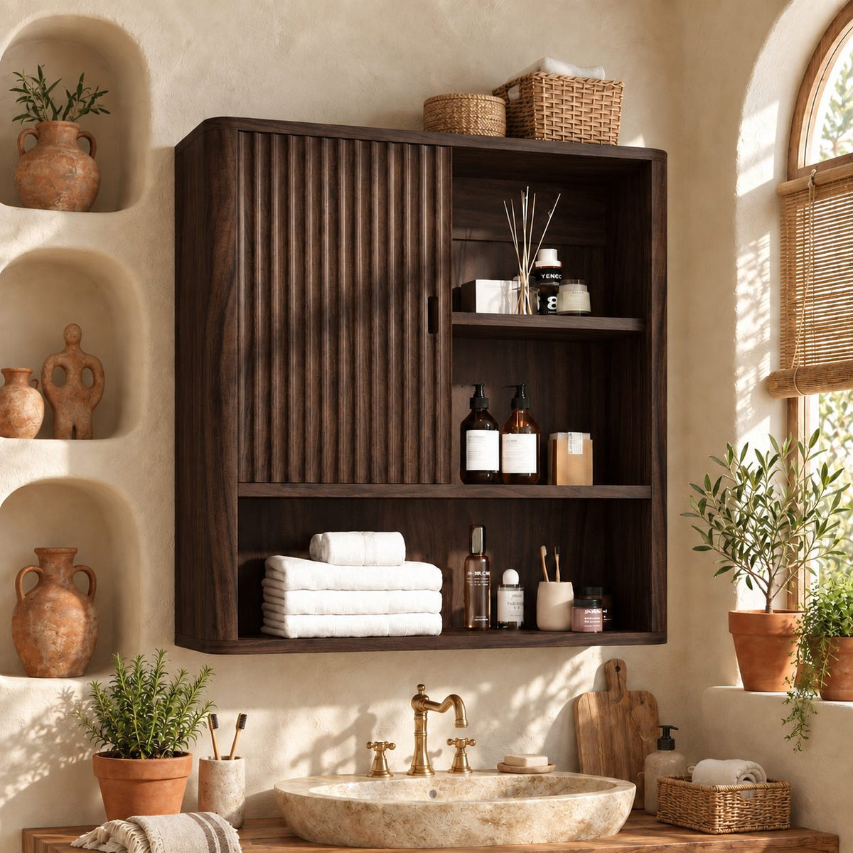 Fluted Door Bathroom Wall Cabinet, Solid Wood Wall Storage with Reeded Door and Open Shelves, 25-32 Inch
