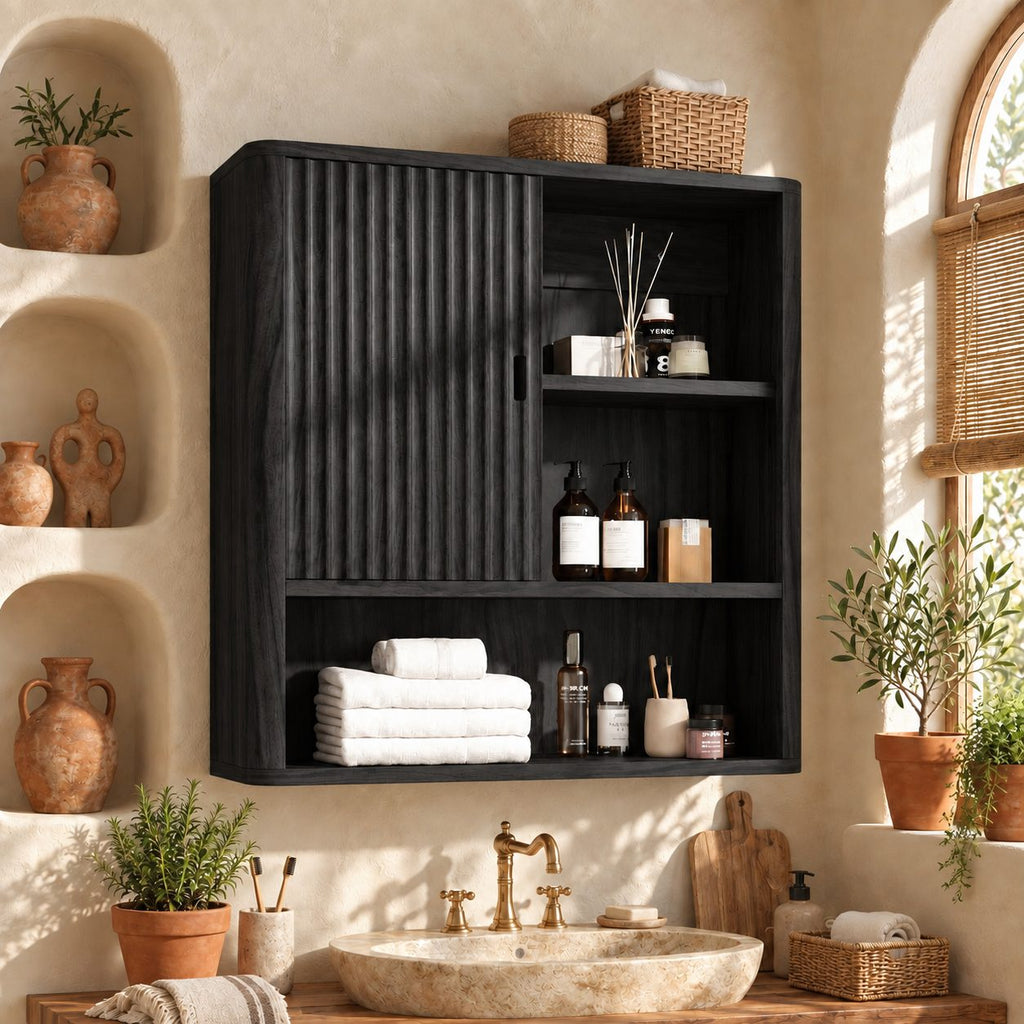 Fluted Door Bathroom Wall Cabinet, Solid Wood Wall Storage with Reeded Door and Open Shelves, 25-32 Inch