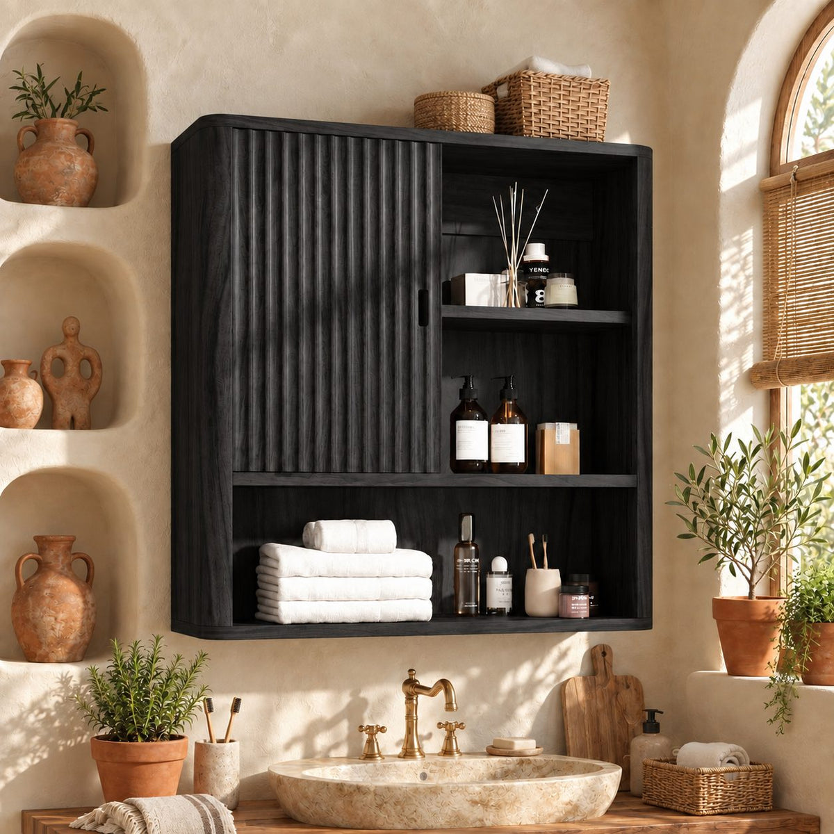 Fluted Door Bathroom Wall Cabinet, Solid Wood Wall Storage with Reeded Door and Open Shelves, 25-32 Inch