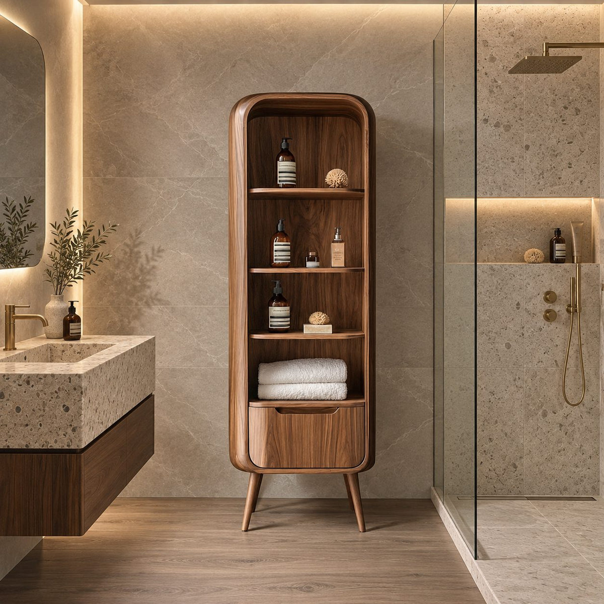Mid-Century Legged Bathroom Cabinet, Tall Slim Solid Wood Storage Tower with Open Shelves and Drawer