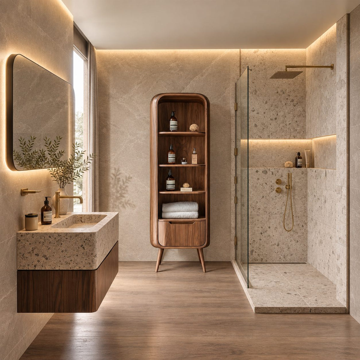 Mid-Century Legged Bathroom Cabinet, Tall Slim Solid Wood Storage Tower with Open Shelves and Drawer