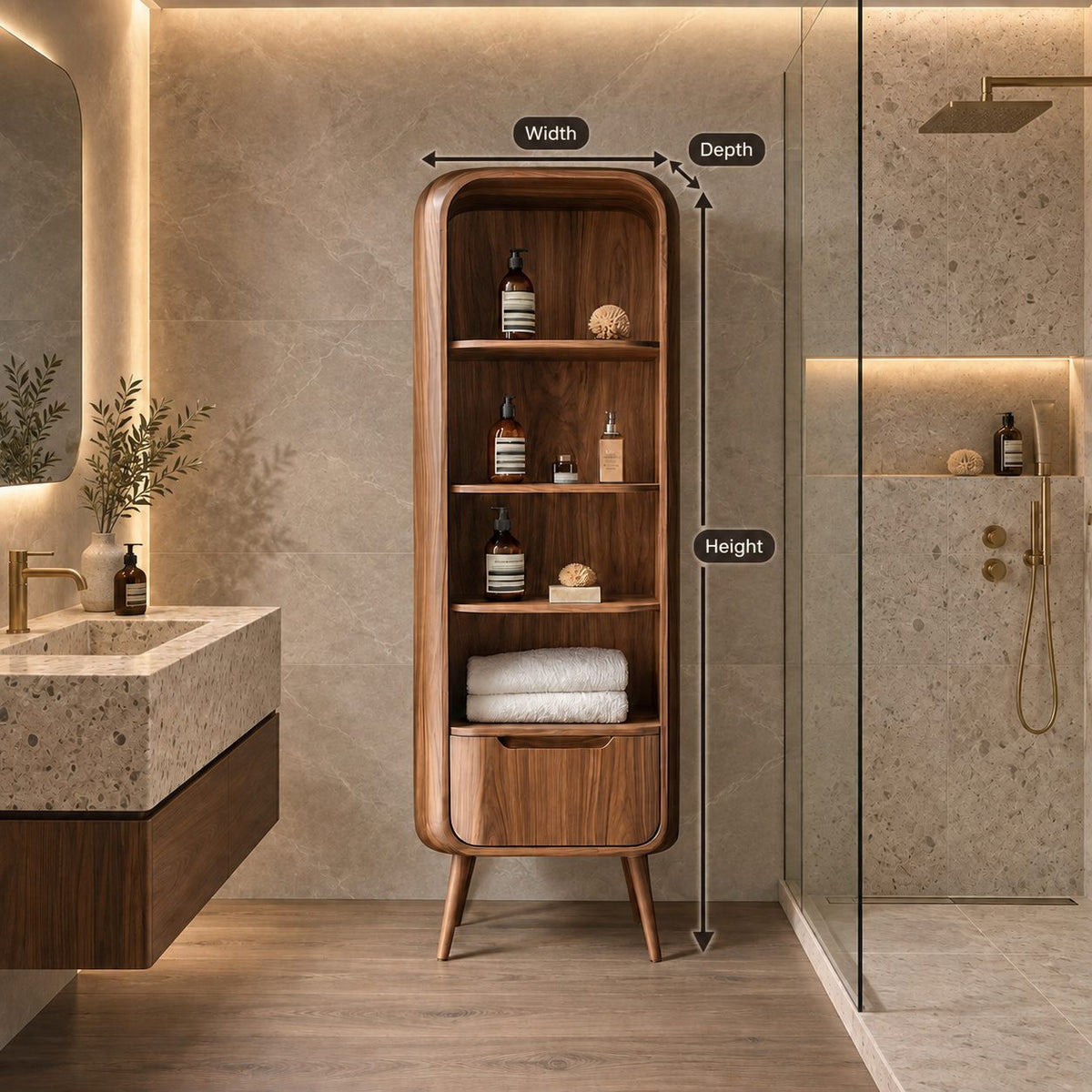 Mid-Century Legged Bathroom Cabinet, Tall Slim Solid Wood Storage Tower with Open Shelves and Drawer