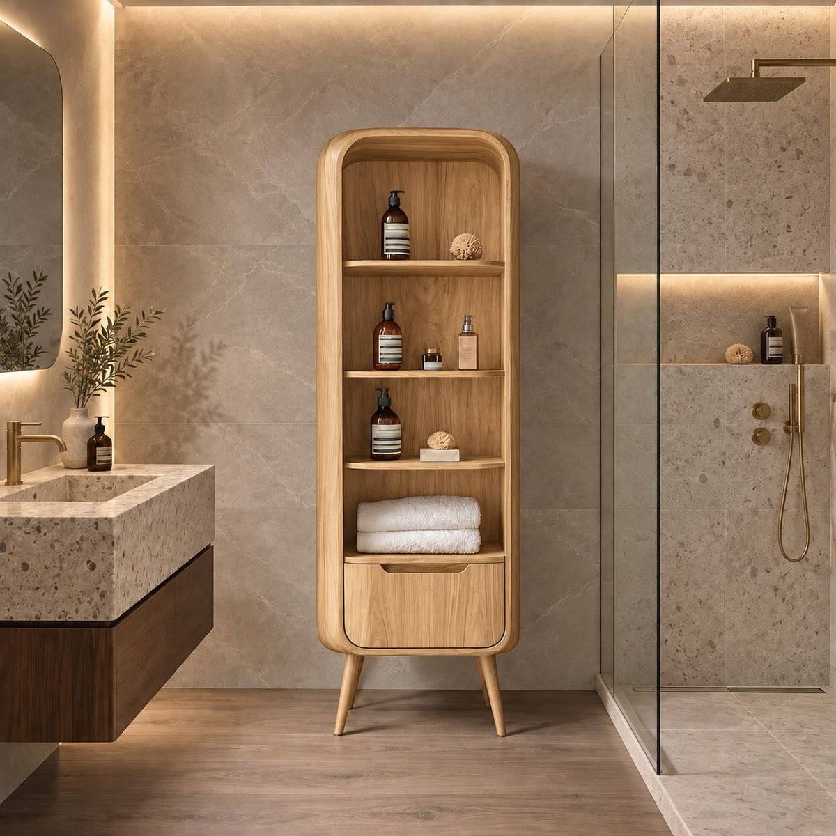Mid-Century Legged Bathroom Cabinet, Tall Slim Solid Wood Storage Tower with Open Shelves and Drawer