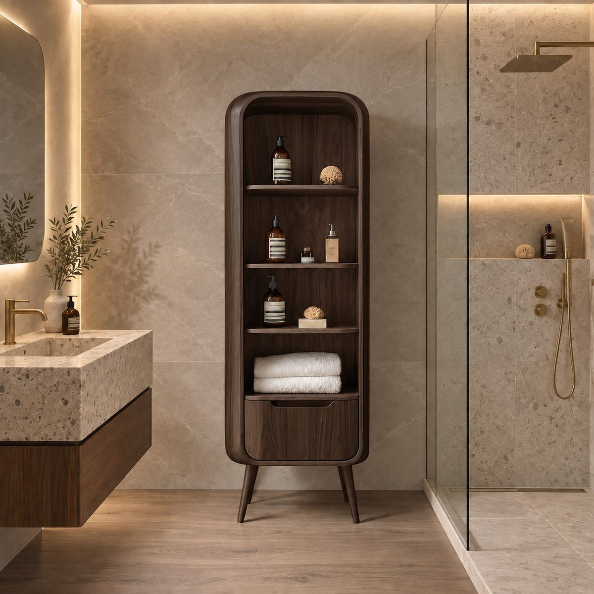 Mid-Century Legged Bathroom Cabinet, Tall Slim Solid Wood Storage Tower with Open Shelves and Drawer