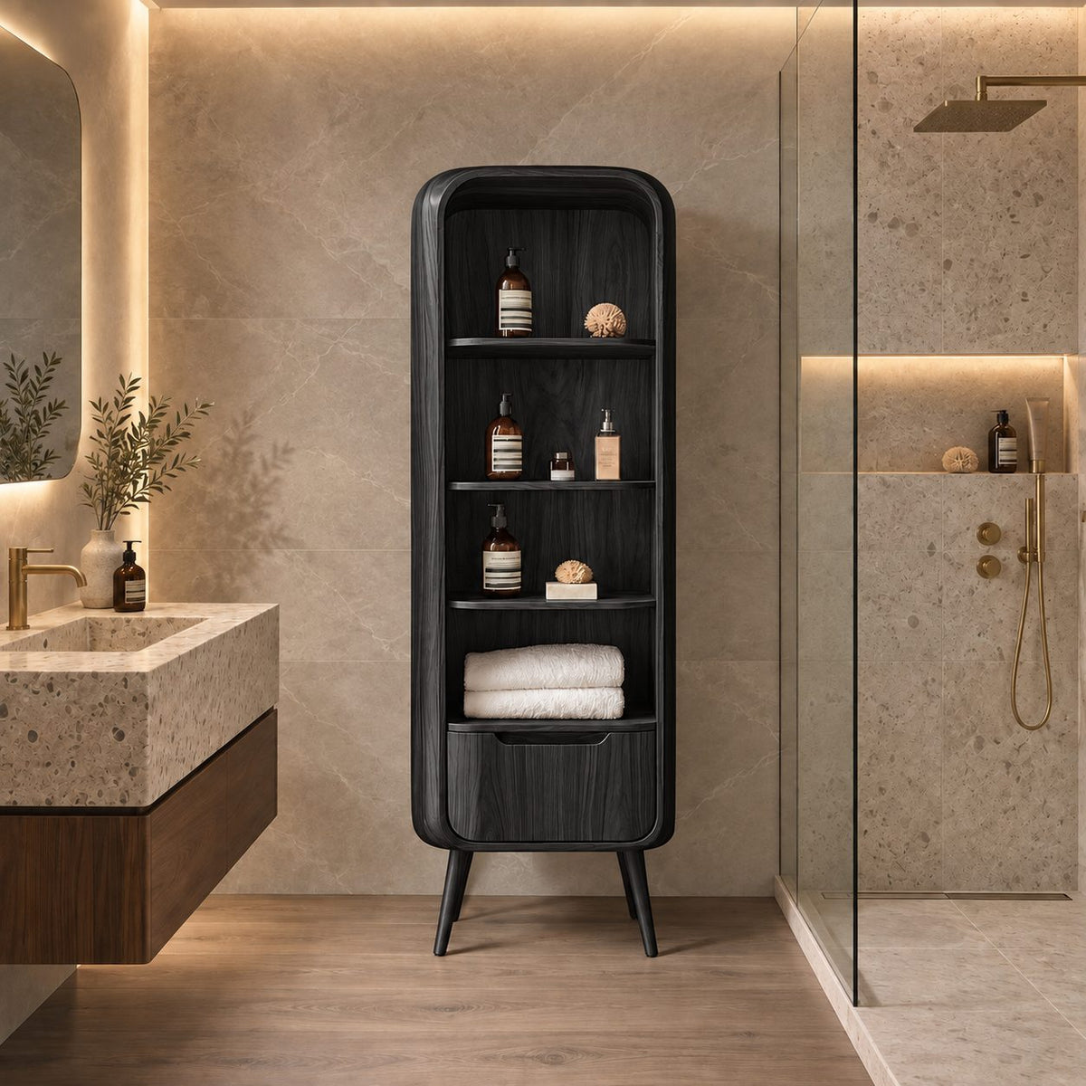 Mid-Century Legged Bathroom Cabinet, Tall Slim Solid Wood Storage Tower with Open Shelves and Drawer