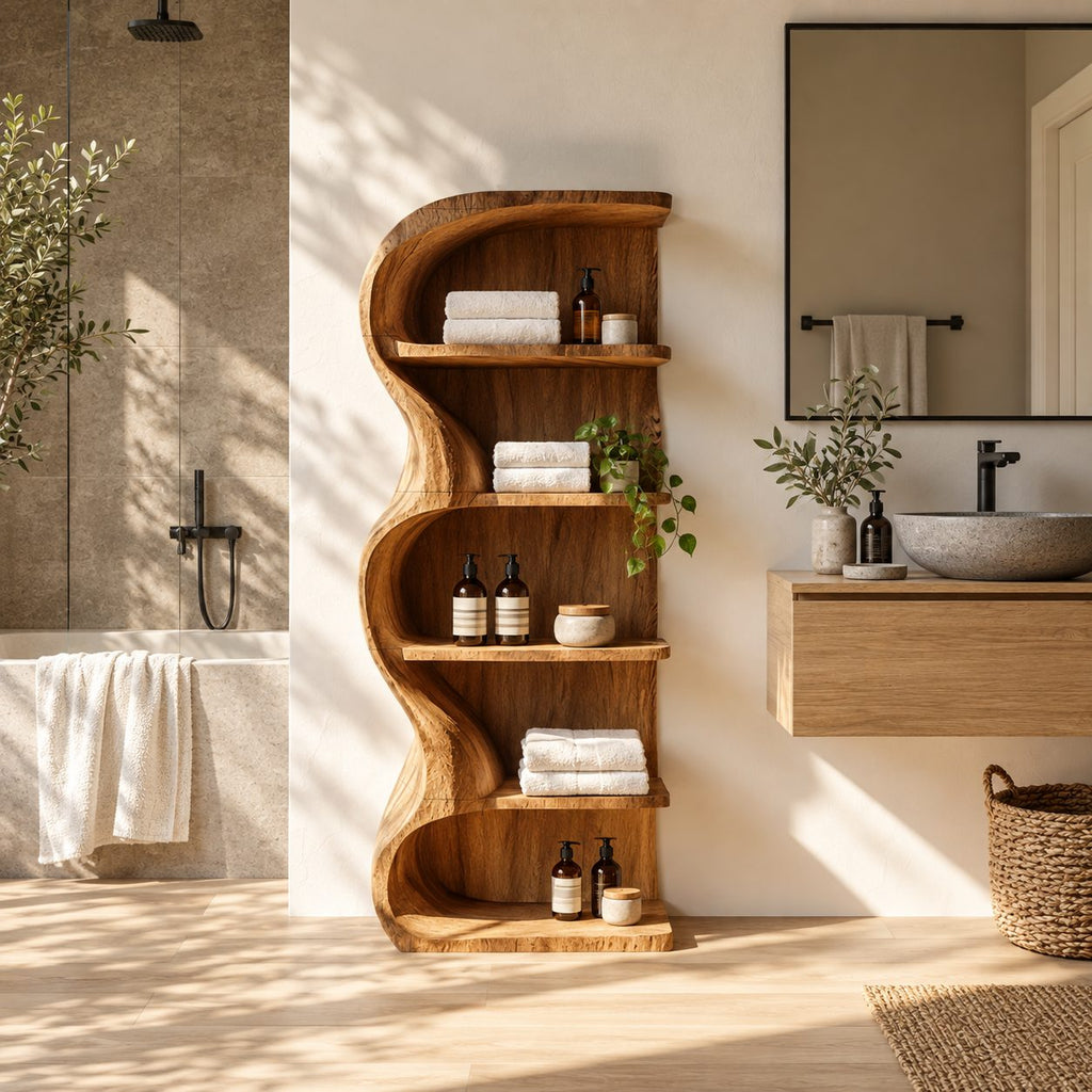 S-Curve Bathroom Shelf, Freestanding Solid Wood Wavy Panel Open Shelf with 5 Tiers, 30 x 60 Inch