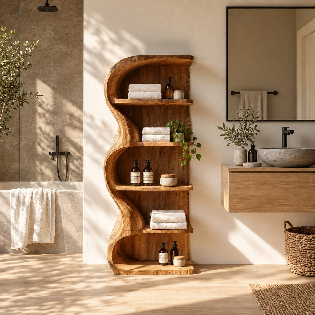 S-Curve Bathroom Shelf, Freestanding Solid Wood Wavy Panel Open Shelf with 5 Tiers, 30 x 60 Inch