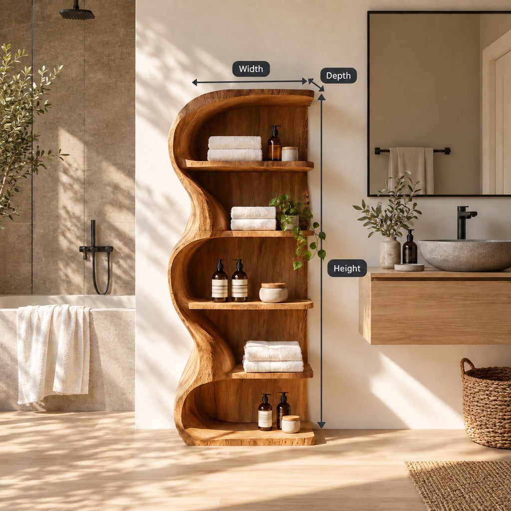 S-Curve Bathroom Shelf, Freestanding Solid Wood Wavy Panel Open Shelf with 5 Tiers, 30 x 60 Inch