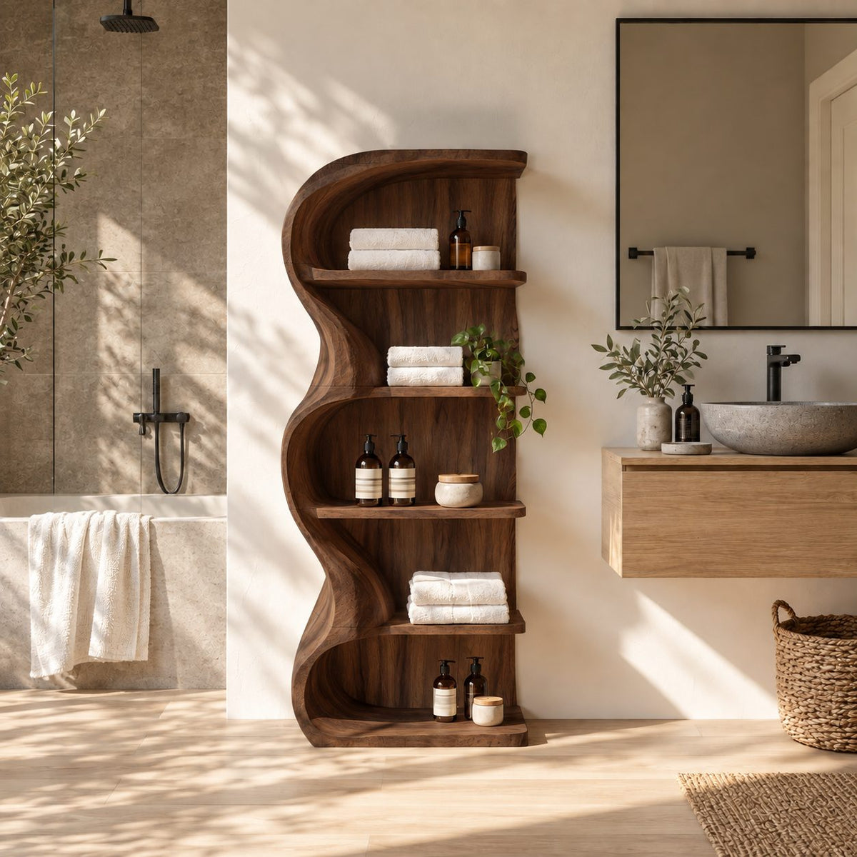 S-Curve Bathroom Shelf, Freestanding Solid Wood Wavy Panel Open Shelf with 5 Tiers, 30 x 60 Inch
