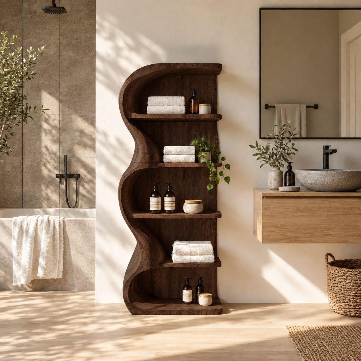 S-Curve Bathroom Shelf, Freestanding Solid Wood Wavy Panel Open Shelf with 5 Tiers, 30 x 60 Inch