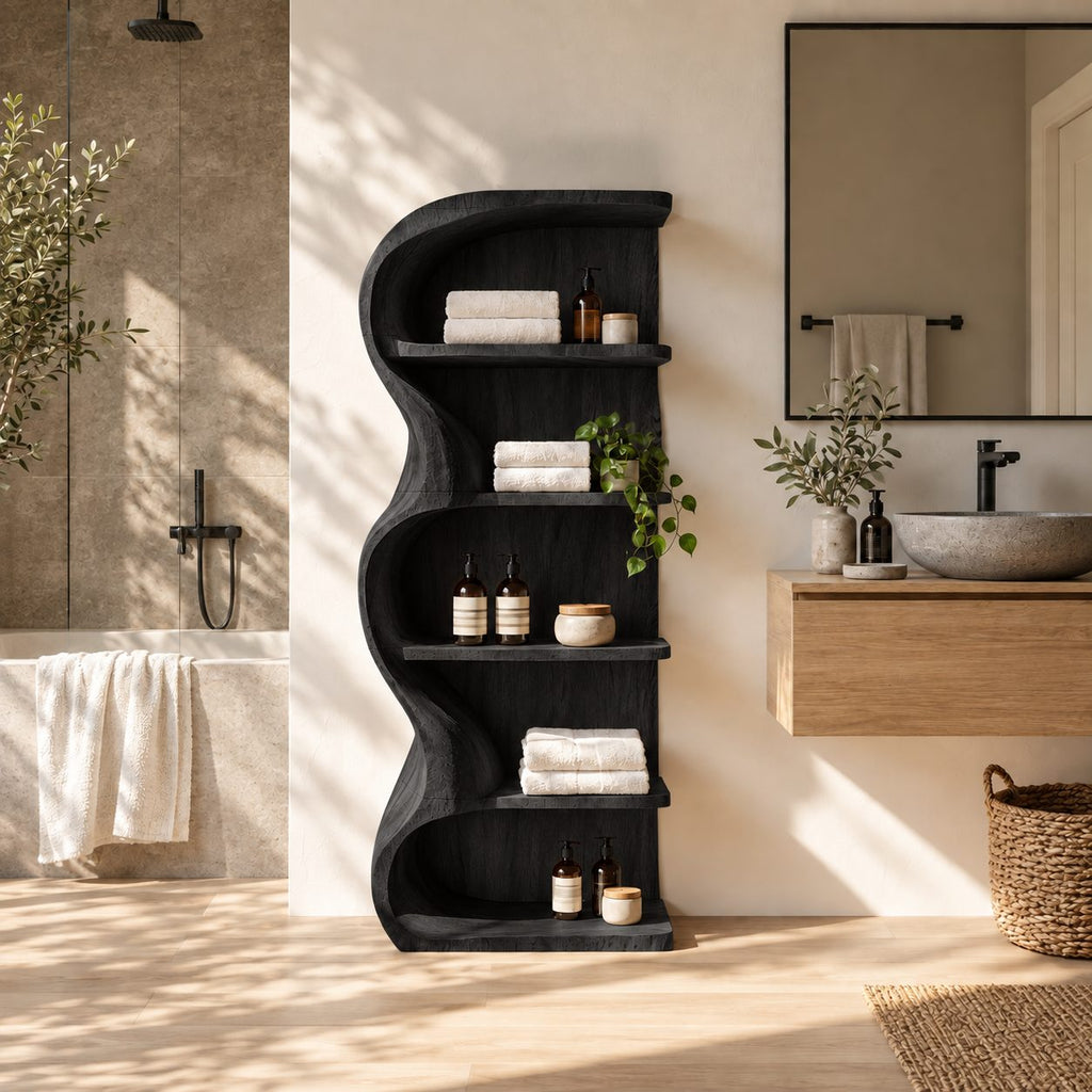 S-Curve Bathroom Shelf, Freestanding Solid Wood Wavy Panel Open Shelf with 5 Tiers, 30 x 60 Inch