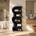 S-Curve Bathroom Shelf, Freestanding Solid Wood Wavy Panel Open Shelf with 5 Tiers, 30 x 60 Inch