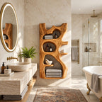 Driftwood Silhouette Wall Bathroom Shelf, Carved Solid Wood Towel and Toiletry Niches, 42-66 Inch Tall