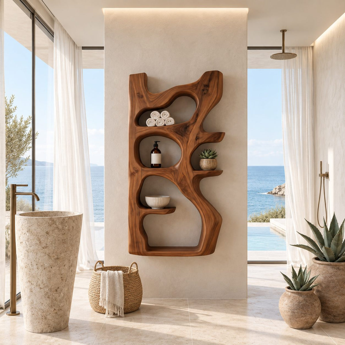 Driftwood Silhouette Wall Bathroom Shelf, Carved Solid Wood Towel and Toiletry Niches, 42-66 Inch Tall