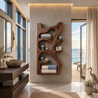 Driftwood Silhouette Wall Bathroom Shelf, Carved Solid Wood Towel and Toiletry Niches, 42-66 Inch Tall