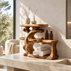 Gnarled Trunk Bathroom Counter Organizer, Three Tier Solid Wood Vanity Shelf with Towel Hollow