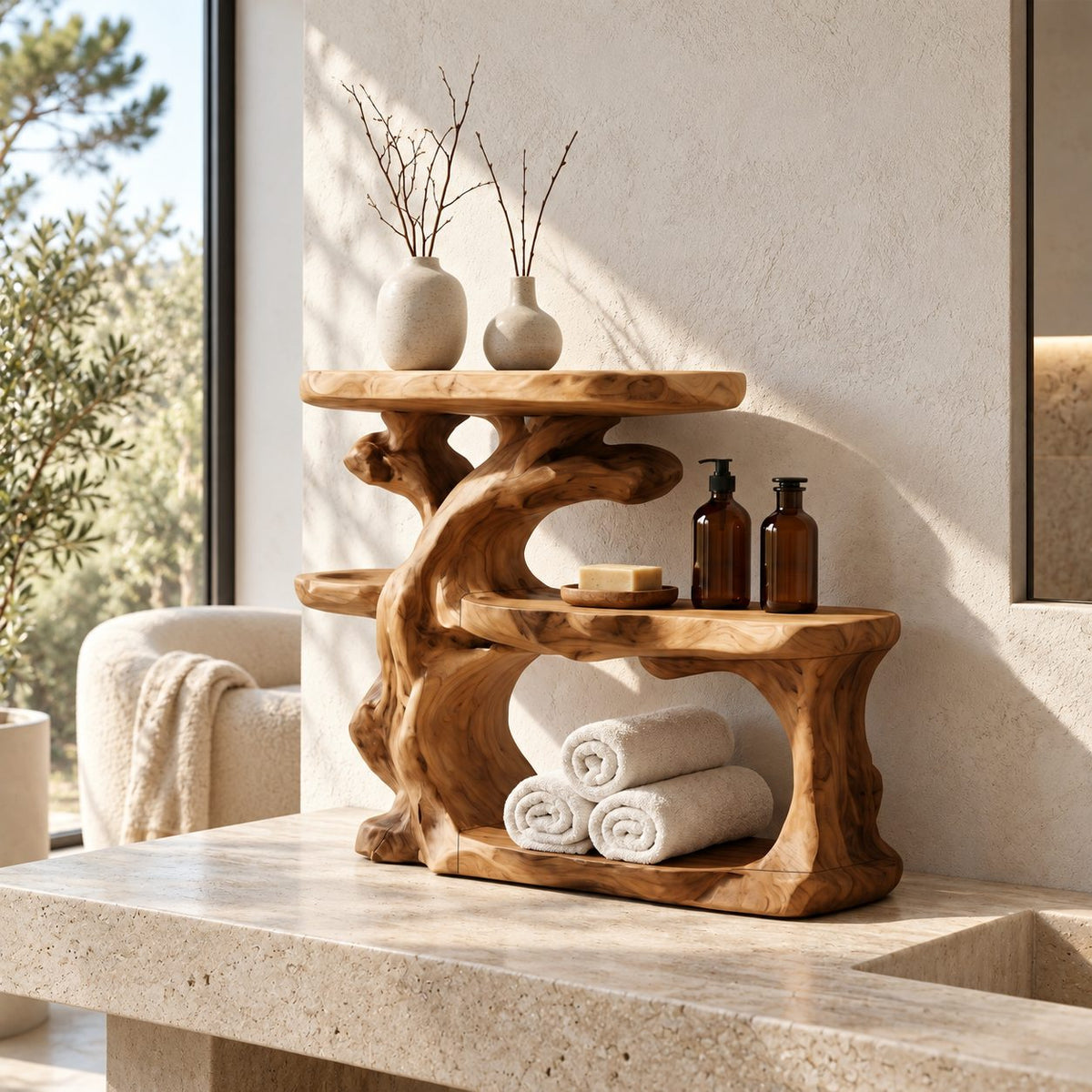 Gnarled Trunk Bathroom Counter Organizer, Three Tier Solid Wood Vanity Shelf with Towel Hollow