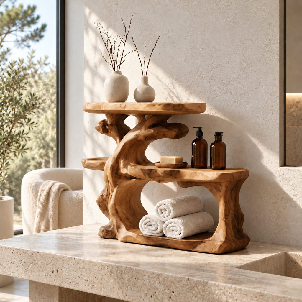 Gnarled Trunk Bathroom Counter Organizer, Three Tier Solid Wood Vanity Shelf with Towel Hollow